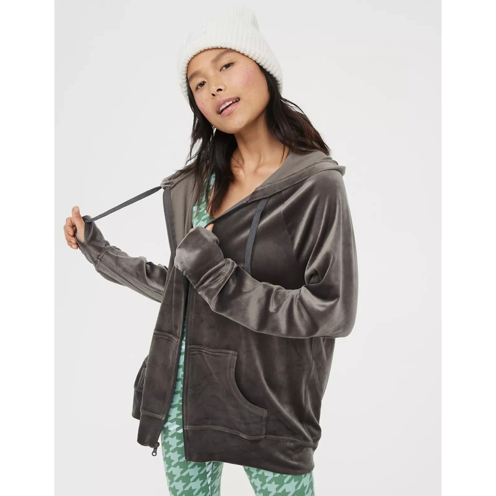 Offline by Aerie After Party Velour‎ Hoodie Women's XS Gray Full-Zip Oversized